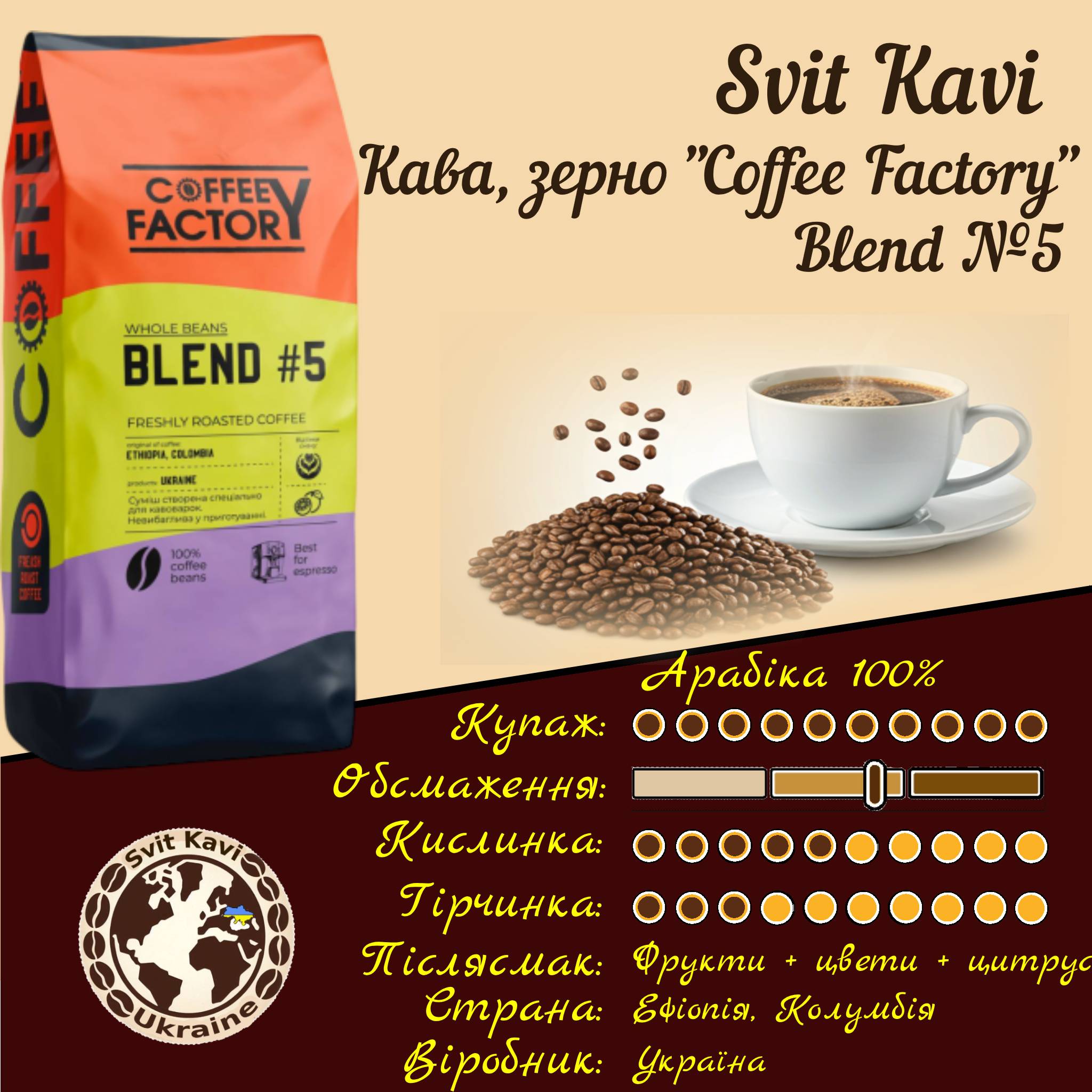 Зернова кава Coffe Factory Blend #5, Арабіка100%+Робуста0%, Україна, пачка 1кг.