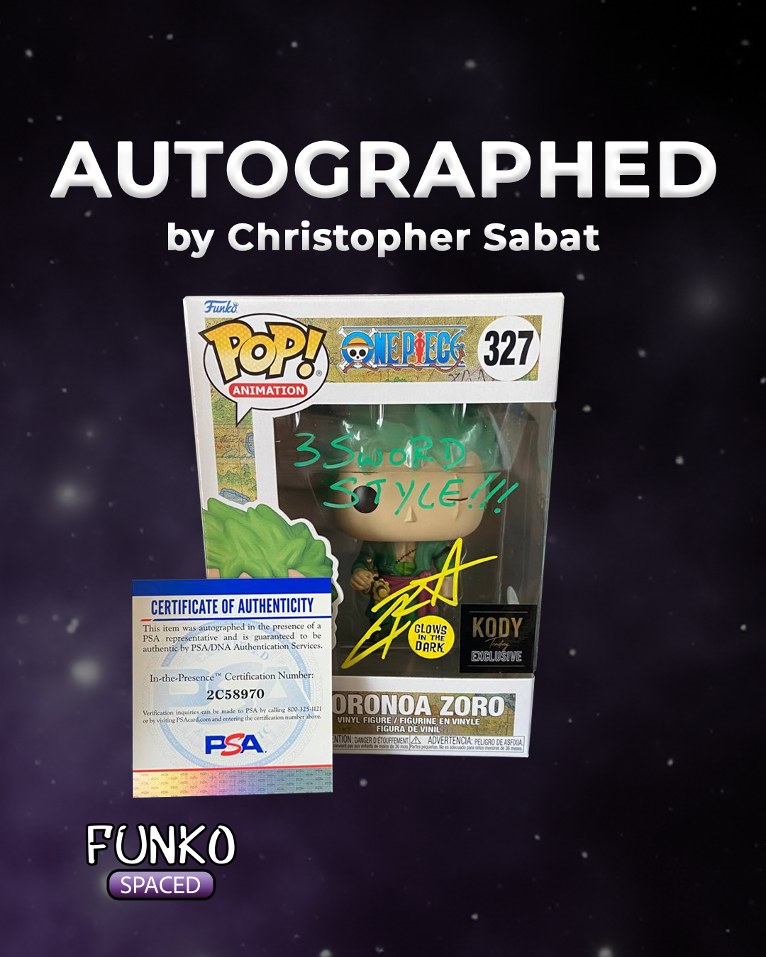 Підписана Фігурка Funko Pop One Piece - Roronoa Zoro| Фанко Поп Ван Піс - Зоро #327 з підписом Американського актора озвучки