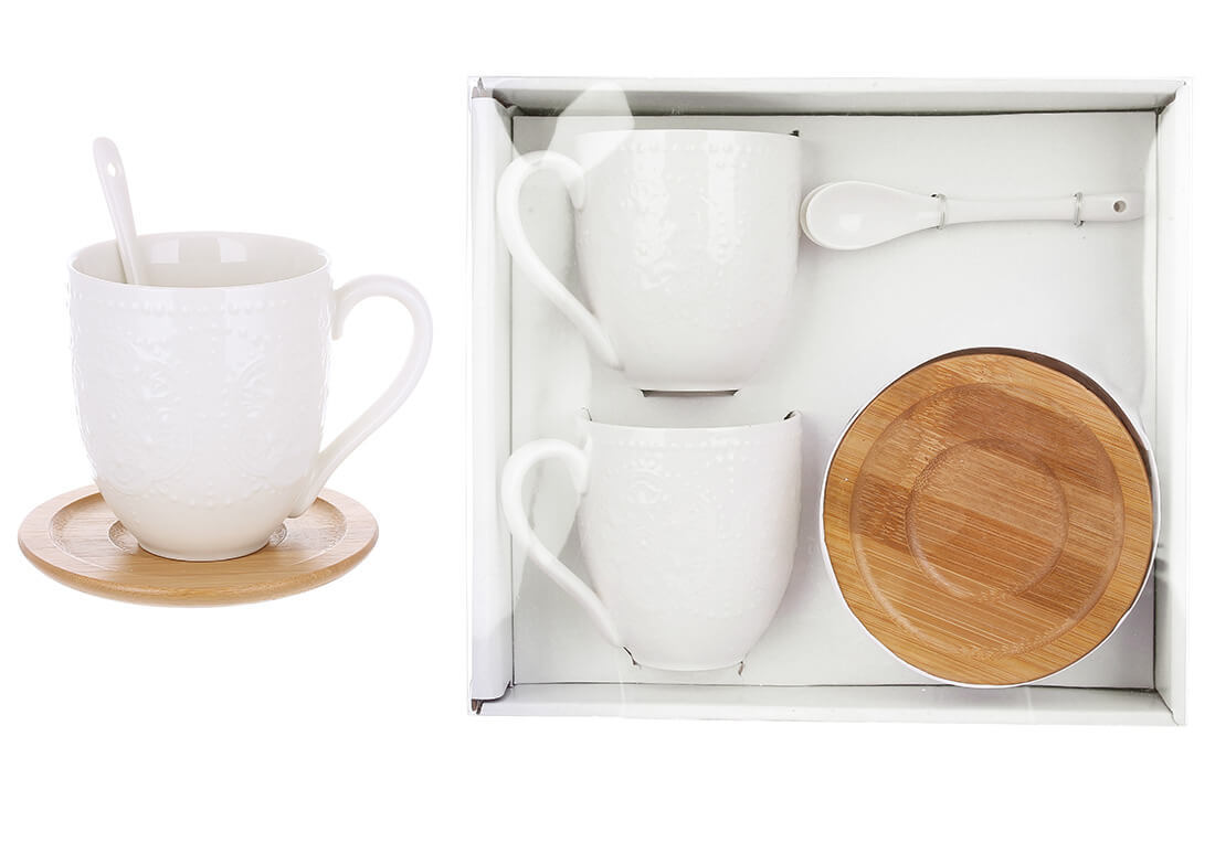 Набір порцелянових чашок з бамбуковими блюдцями та ложками Мереживо