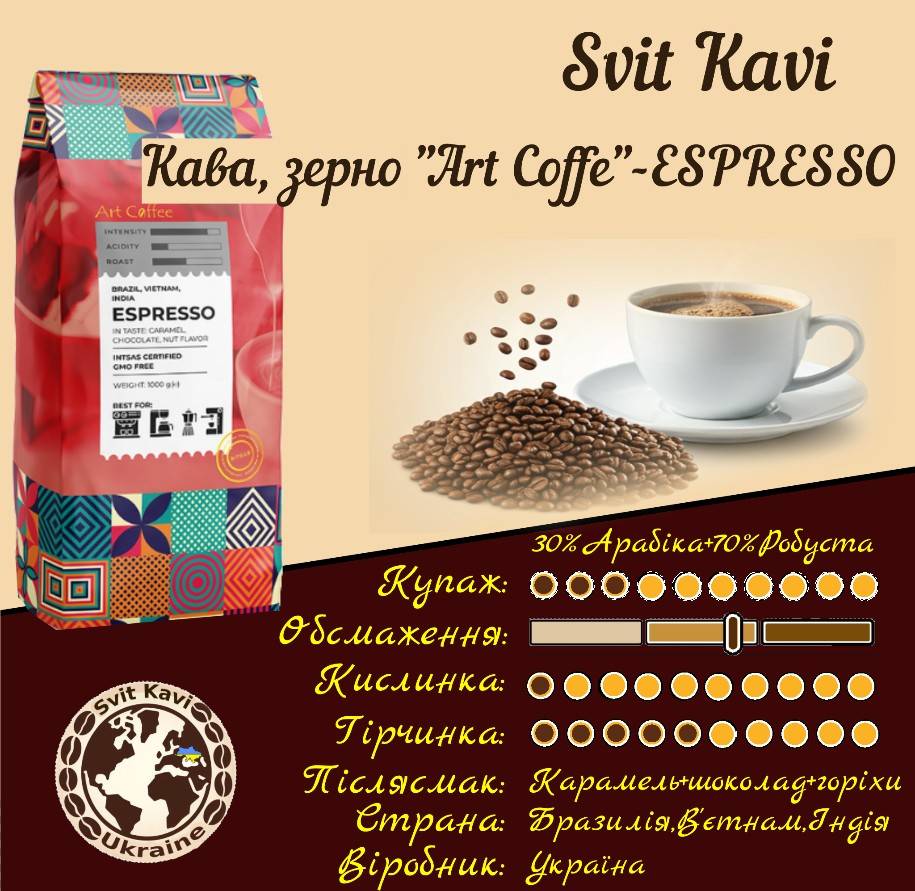 Зернова кава Art Coffee ESPRESSO 30% Arabica,70% Robusta, Україна, пачка 1кг