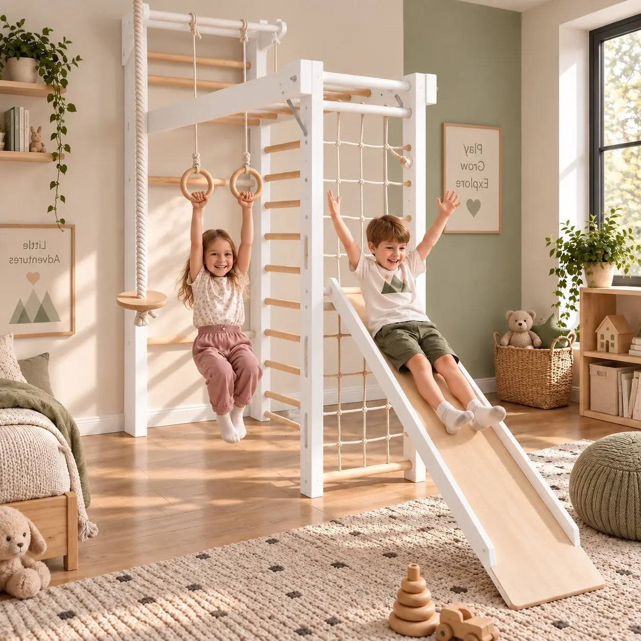 Max PRO Kletterwand für Kinder aus Holz – Sprossenwand mit Turnringen, Seilleiter & Kletternetz in Natur-Weiß