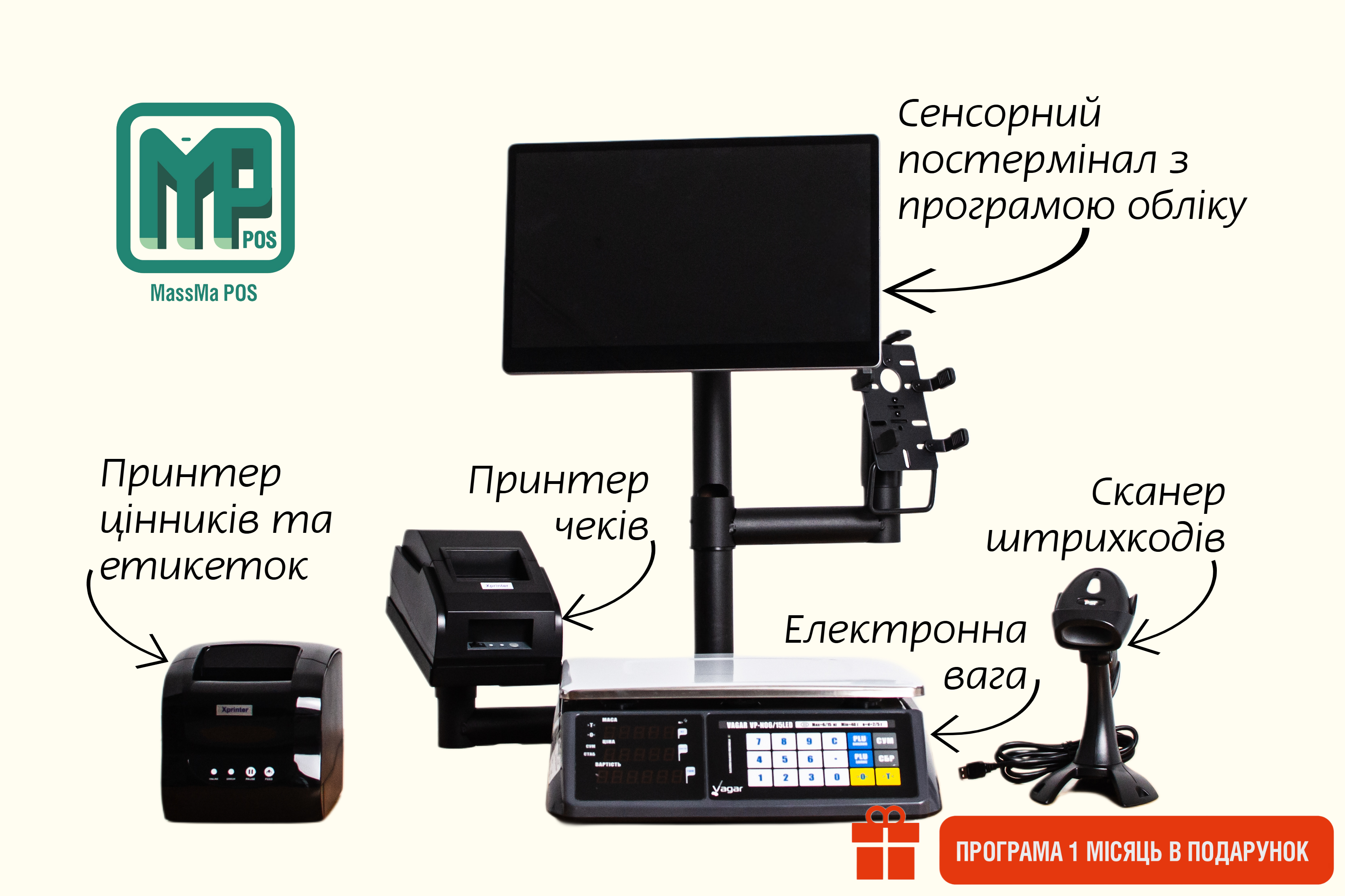 Ергономічний комплект для магазину продуктів: POS-термінал, принтери чеків та етикеток, вага, сканер, ПРРО. Краща ціна!