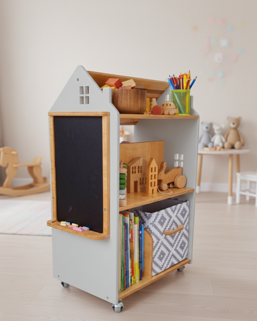 Дитячий стелаж дизайнерський Монтессорі для іграшок та книжок дерев'яний з грифельною дошкою на коліщатках Хмарочос - Світло-сірий/лаковий-copy