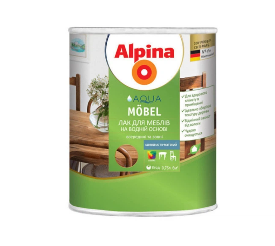 Лак універсальний акрилатний шовковисто-матовий  Alpina Aqua Mobel Прозорий, 2,5 л | Лак для меблів, дерева