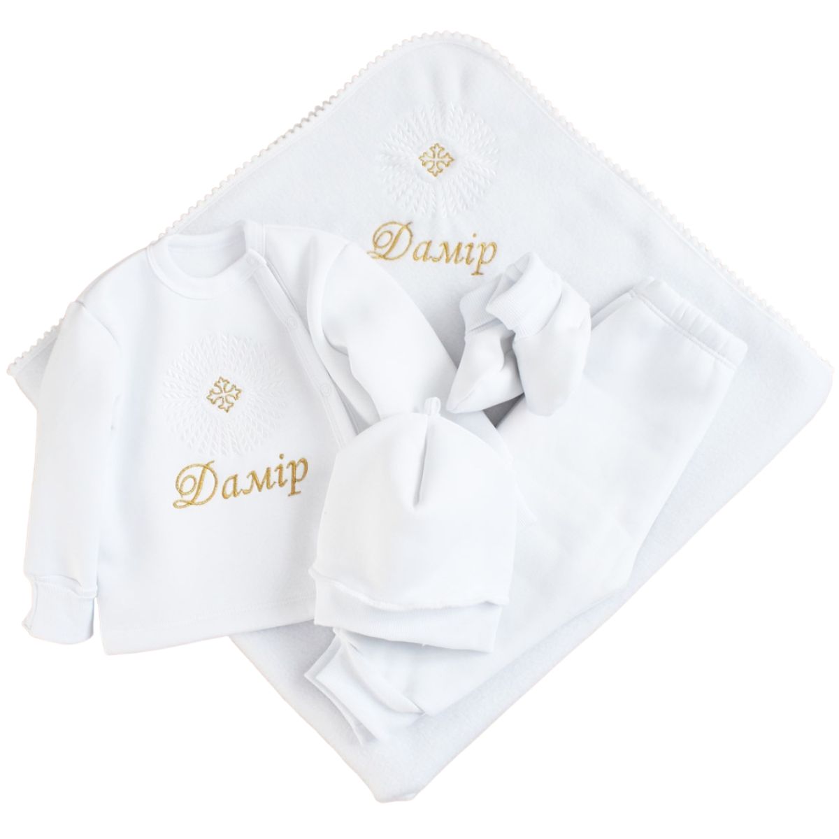 Теплий комплект та крижма для хрещення хлопчика з іменною вишивкою