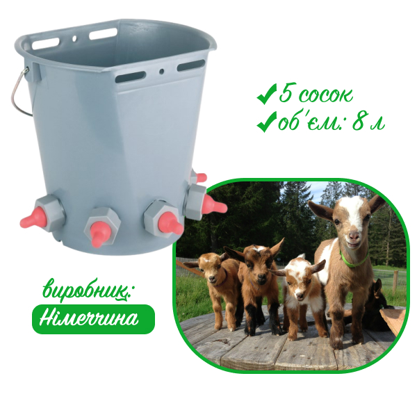 Відро із 5 сосками для козенят, ягнят, лошат, поні, поросят на 8 літрів