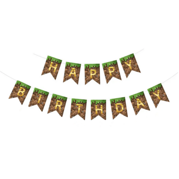 Прапорці Майнкрафт із золотими літерами Happy birthday
