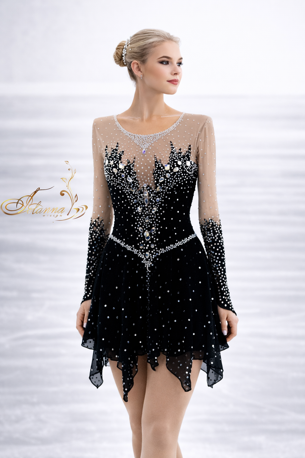 Graceful Black Ice Skating Dress with Crystal Rhinestone Embellishments