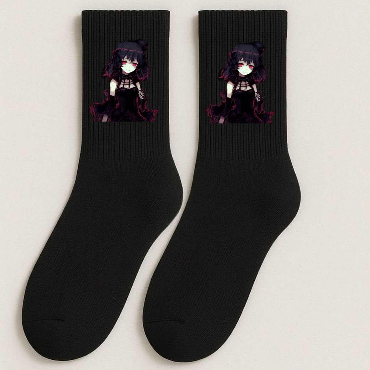 ШКАРПЕТКИ ВИСОКА РЕЗИНКА ДОРОСЛІ ЧОРНІ З ПРИНТОМ "АНІМЕ ДІВЧИНКА 1"