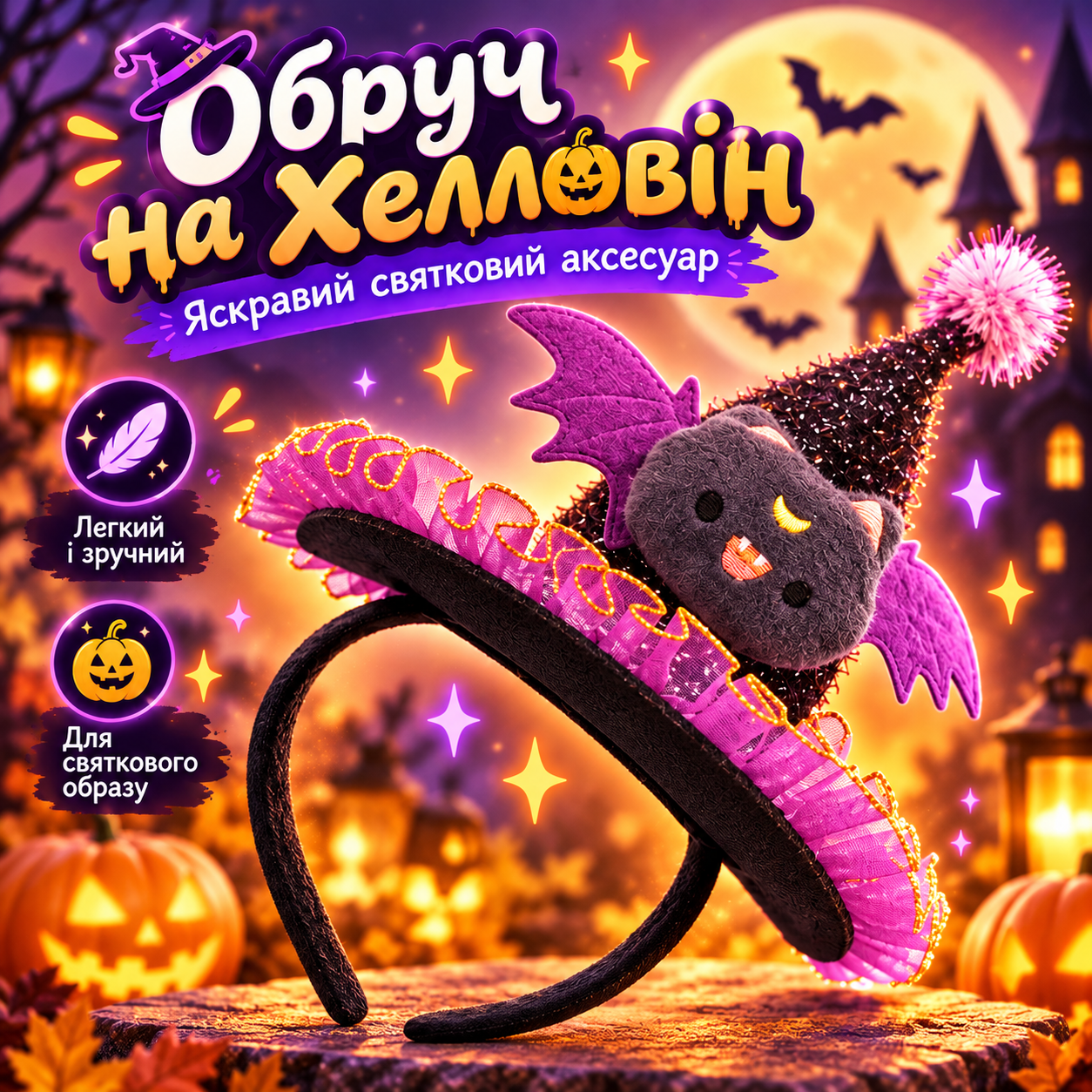 Обруч на Хелловін для дівчинки з кажанчиком і капелюшком відьми, фіолетово-чорний святковий аксесуар