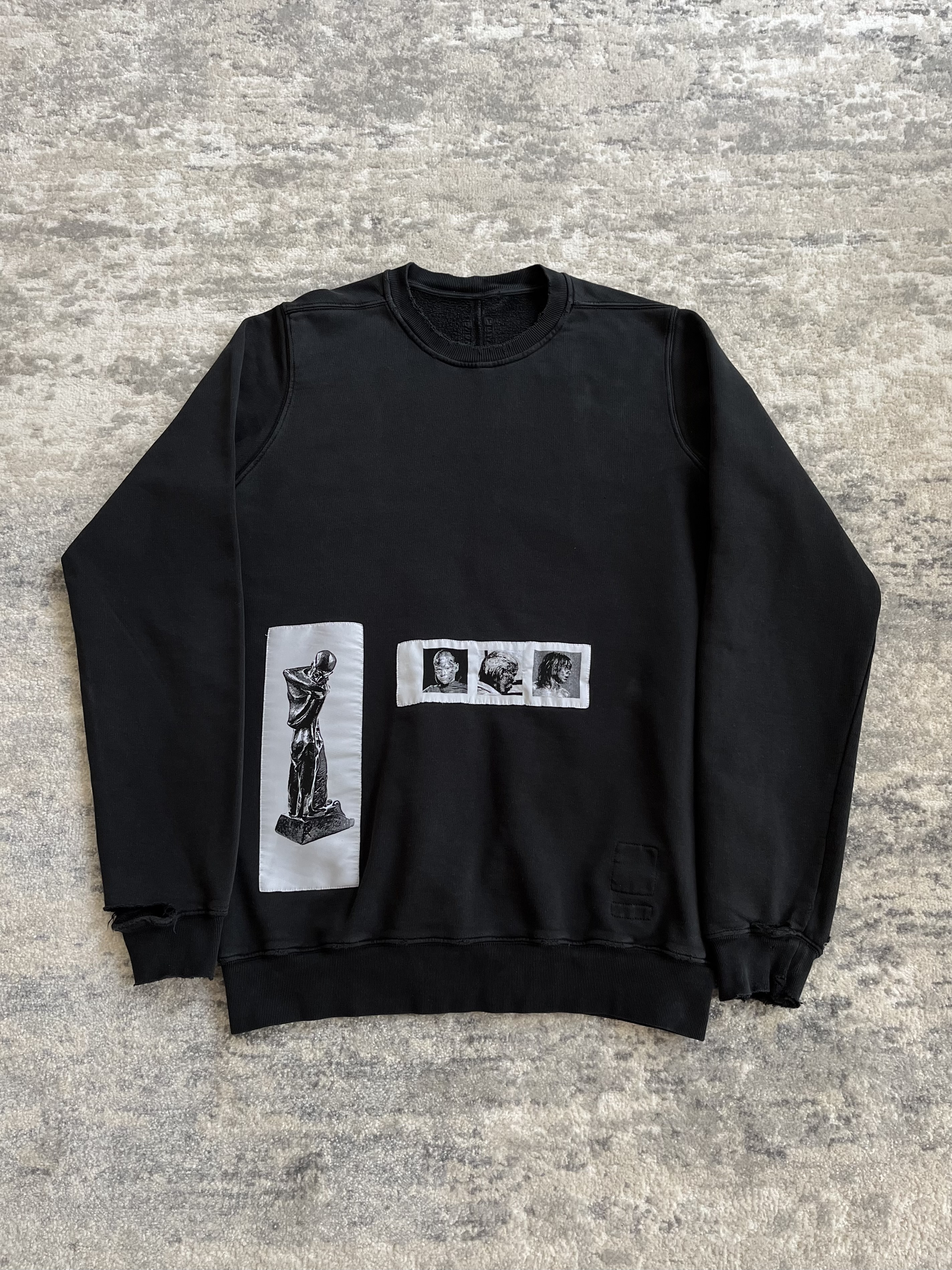 rick owens ss16 "cyclops" patch distressed crewneck in black