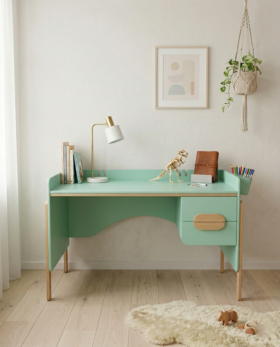 Зростаючий письмовий дерев'яний стіл з колекції Брунька дизайнерський для школяра регульований по висоті з ящиками Натуральний/зелений