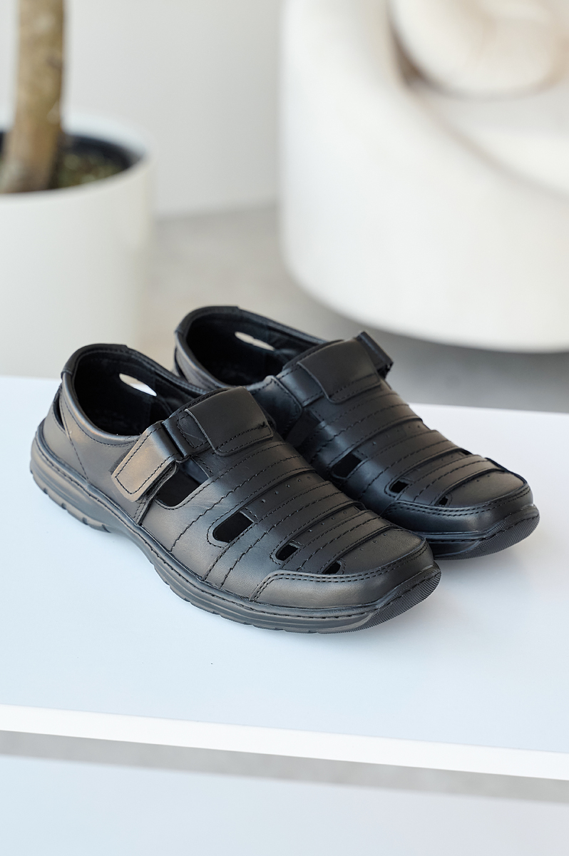Чоловічі сандалі натуральна шкіра літні, на липучні, прошита підошва чорні