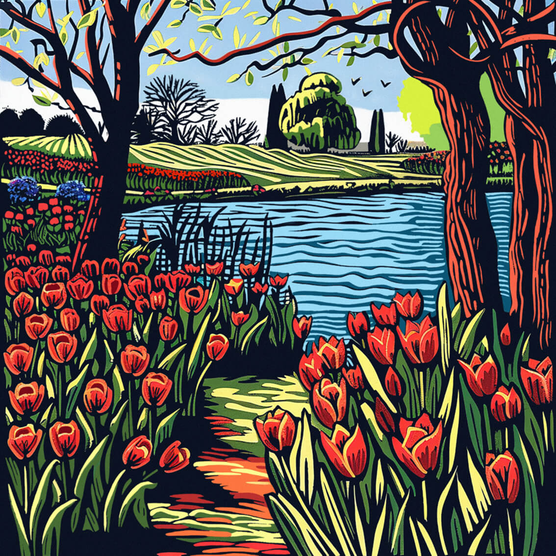 Keukenhof Flower Park, 80x80 cm, original acrylic painting on canvas