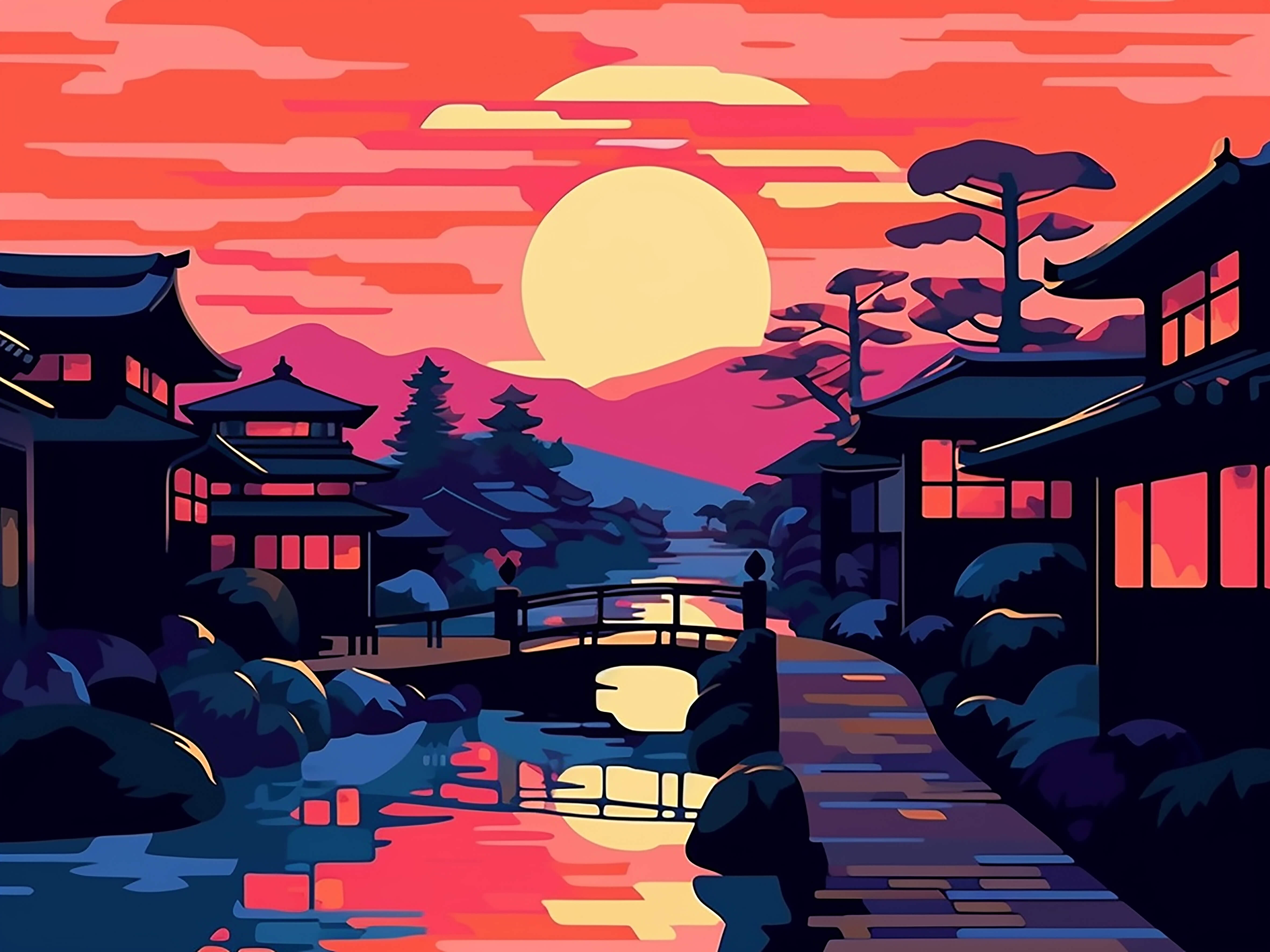 Sunset in Kyoto, 60x80 cm, original acrylic painting on canvas