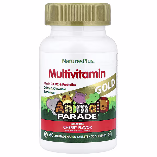 NaturesPlus, Animal Parade® Gold, Children's Chewable Multivitamin, Cherry, 60 Animal-Shaped Tablets