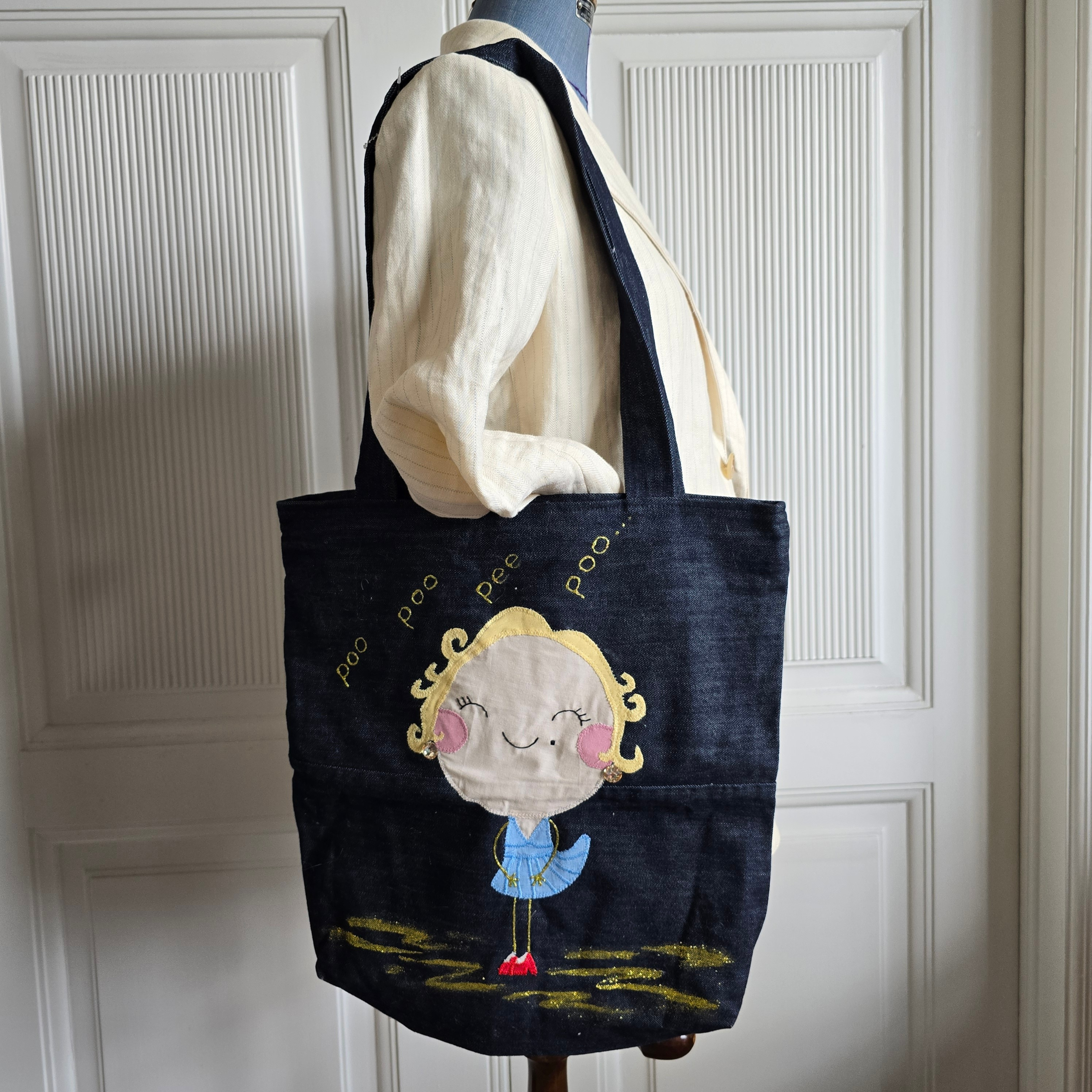 Handmade Tote Bag denim Girl in blue dress