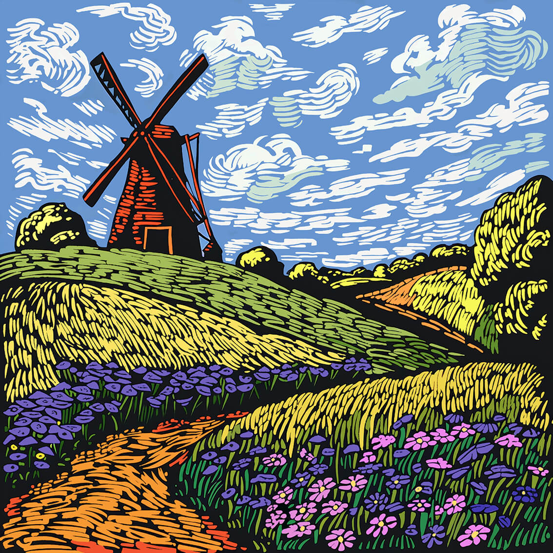 Windmill and flowers, 80x80 cm, original acrylic painting on canvas
