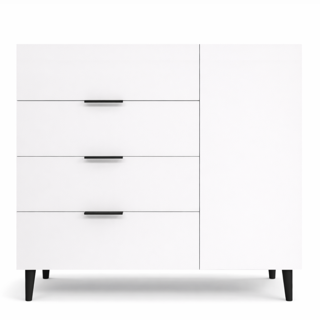 Комод з чотирма шухлядами та одними дверцятами з внутрішніми полицями на ніжках