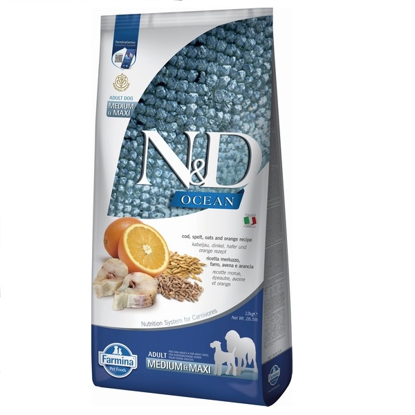 Фарміна дог сух N&D Low Grain Ocean ADULT ADULT MEDIUM & MAXI з тріскою та апельсином 12 kg 36636