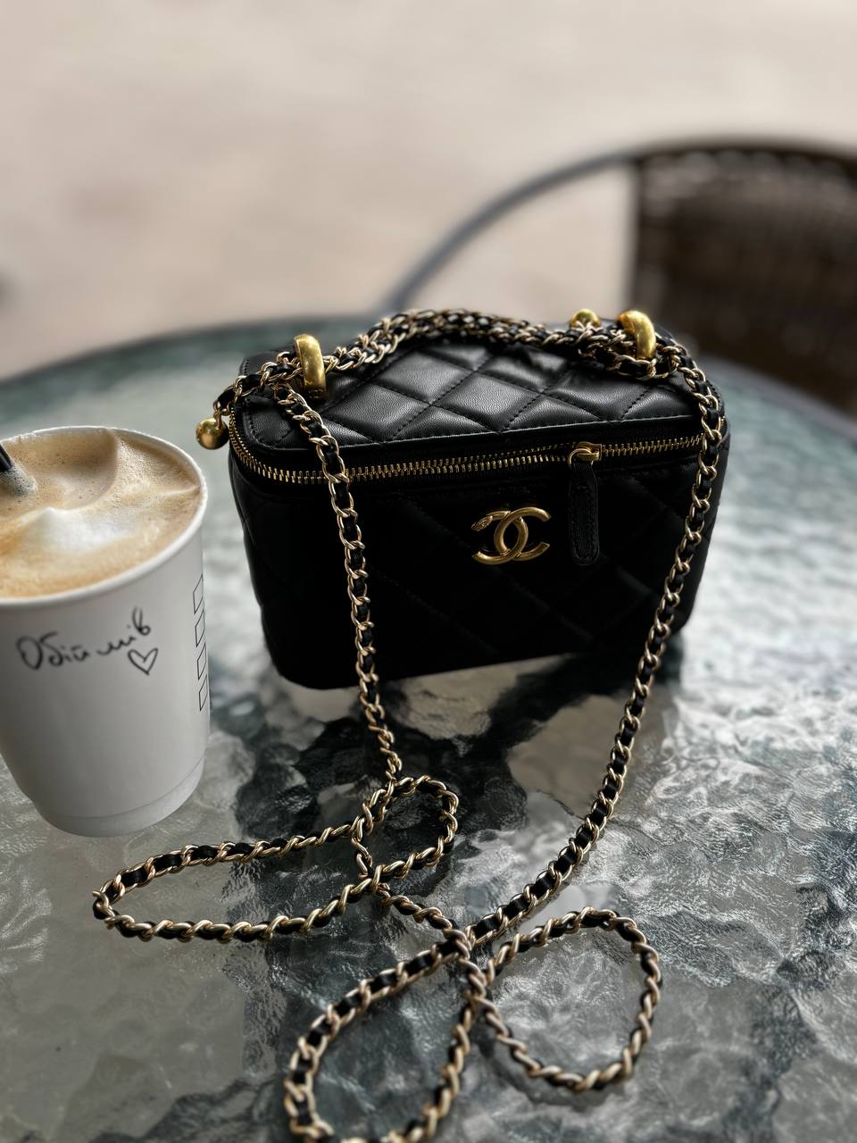 Chanel Classic Beige Lambskin Pearl Crush Black Bag (Без ручки)