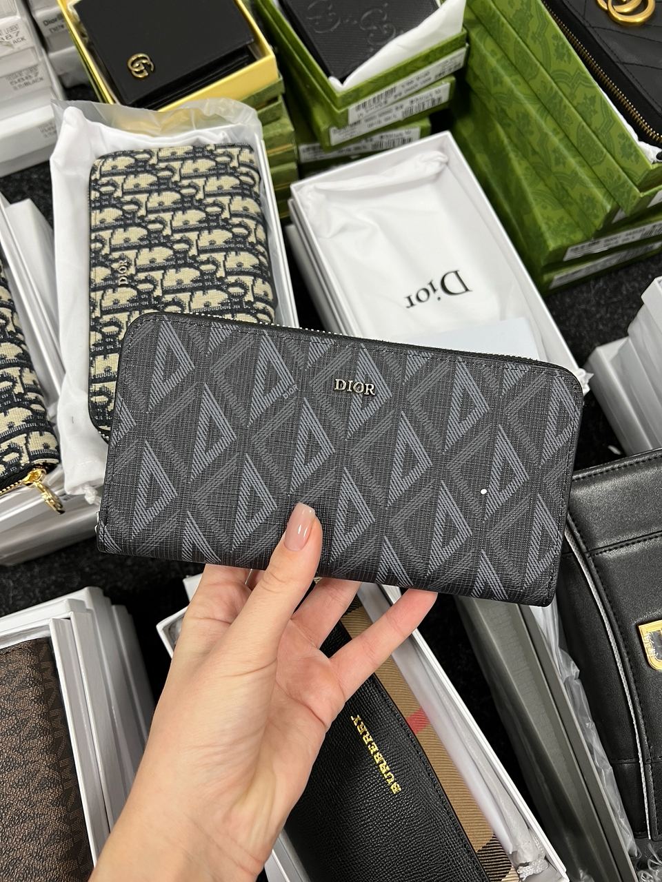 Christian Dior Zipped Long Wallet Grey Diamond Canvas