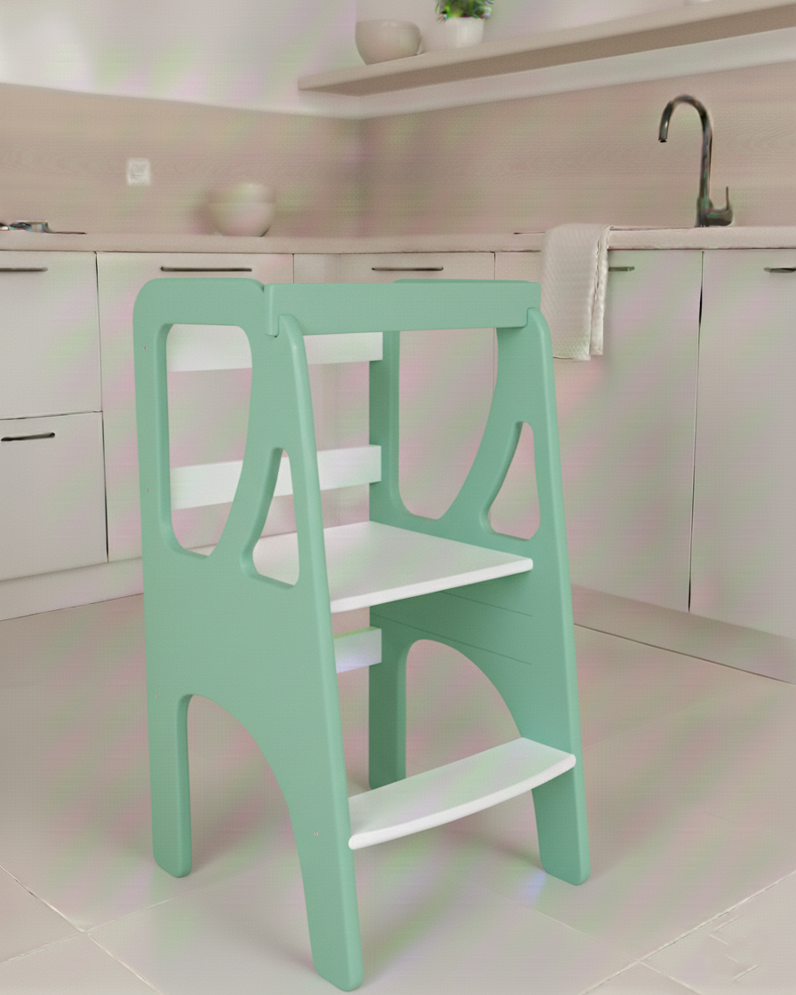 Вежа помічника Монтессорі дизайнерська регульована по висоті дерев'яна FunEra - Зелена/біла