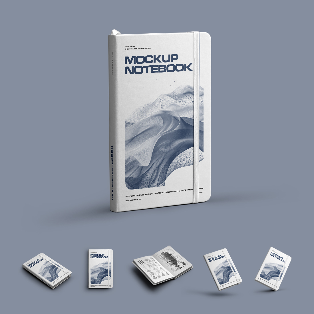 6 Mockups of Classic Notebook with Band and Hard Cover