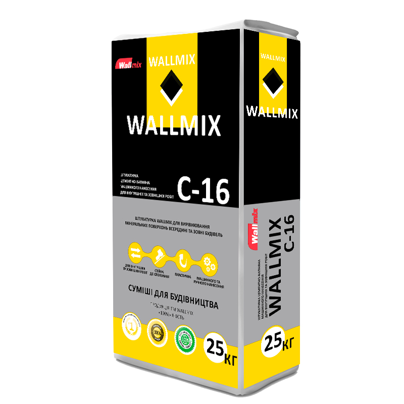 Wallmix C-16 штукатурка цементно-вапняна для газоблоку мишинного нанесення 25 кг. Волмікс