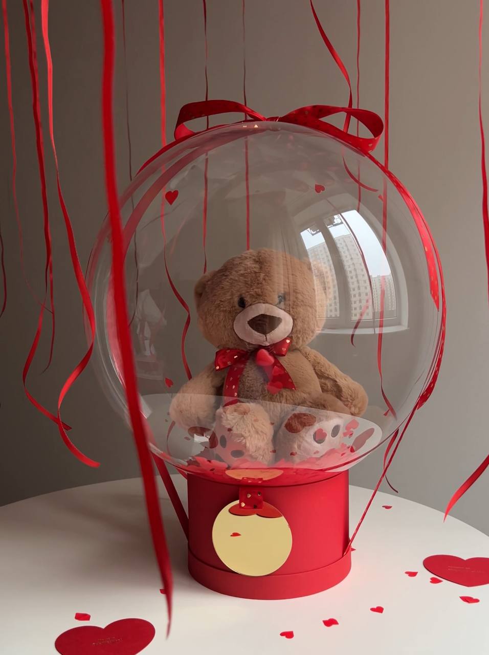 Композиція з ведмедиком у кулі зі стрічкою в сердечка та акриловим золотим колом