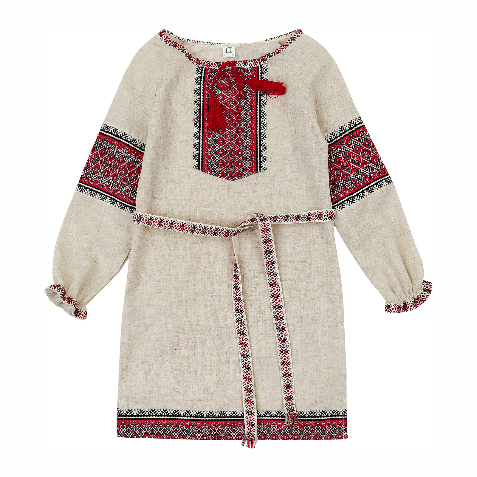 Плаття для дівчинки з червоним орнаментом бежевий льон