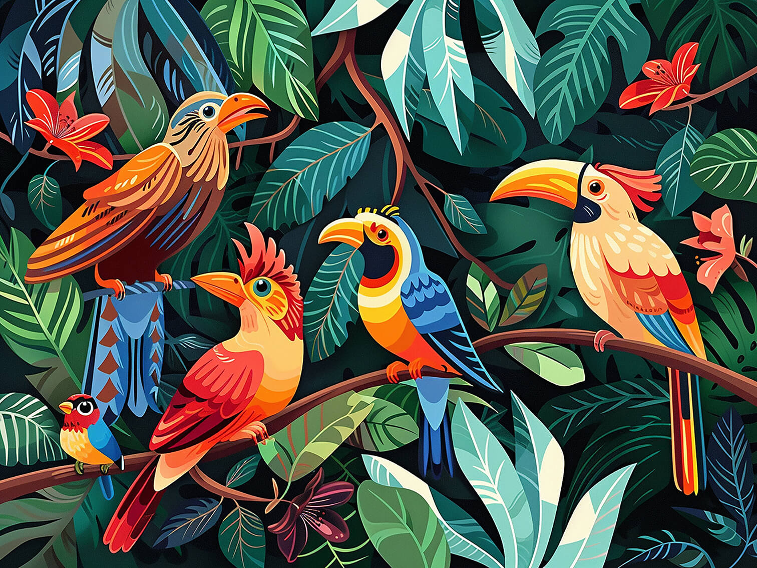 Fantastic tropical birds, 60x80 cm, painting on canvas