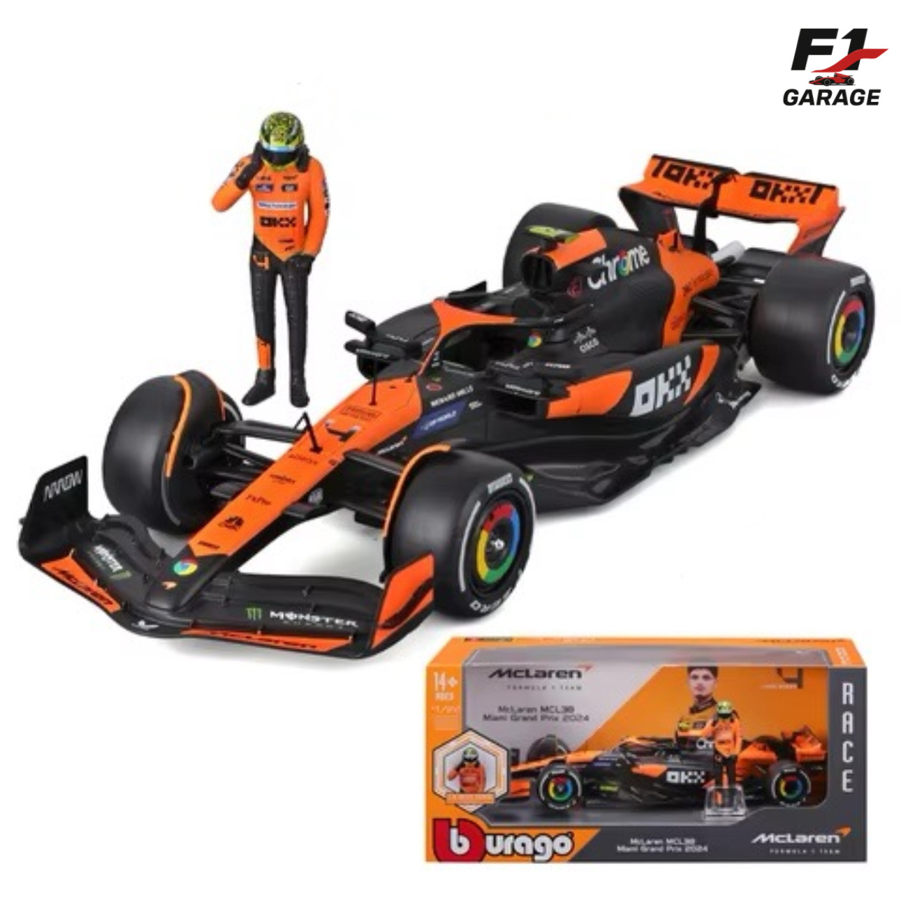 Burago McLaren MCL-38 Lando Norris 1:24, Miami GP 2024 + driver figure