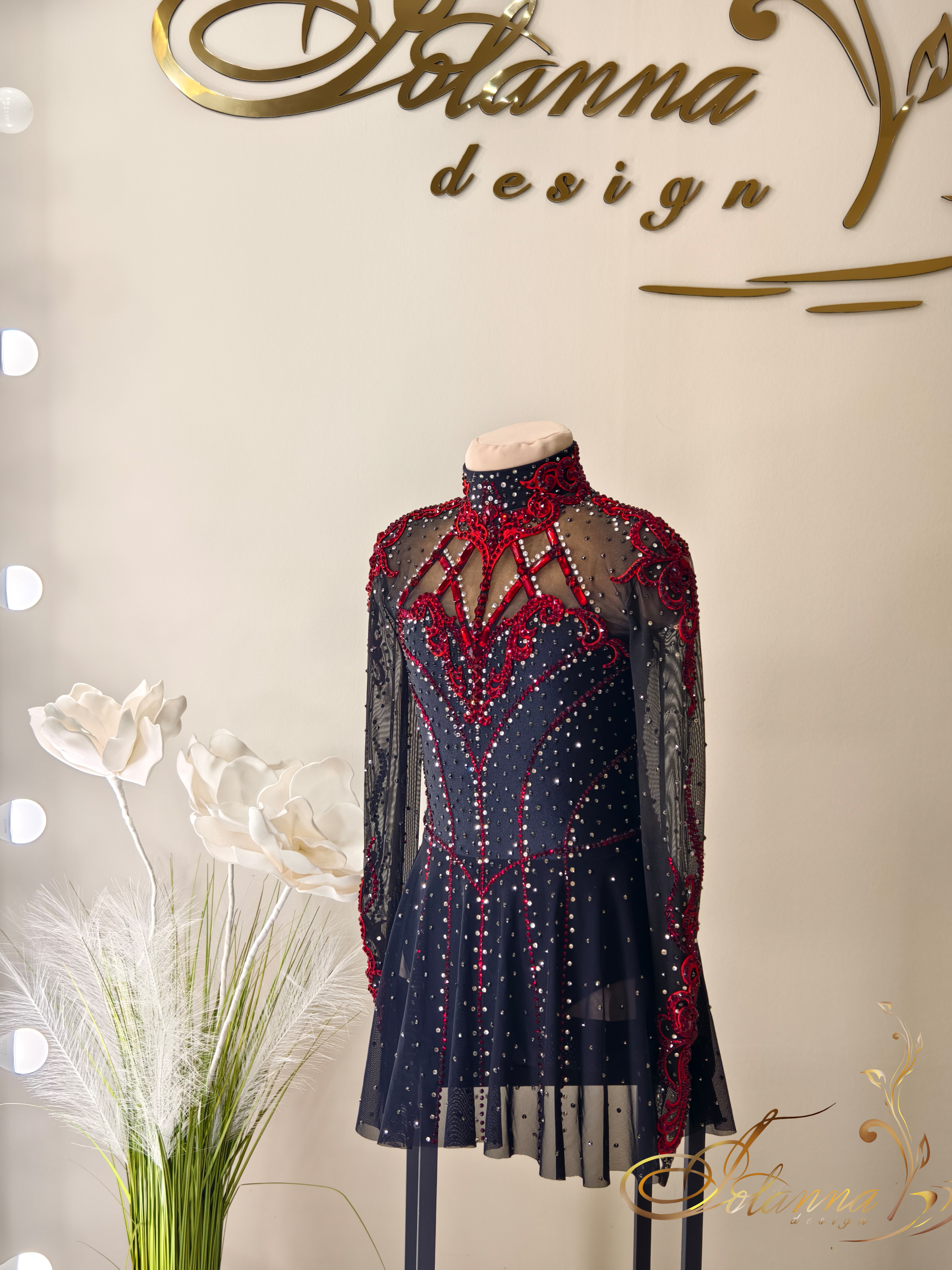 Black red ice skating dress Figure Skating Dress with Crystal Rhinestone Embellishments Competition dress