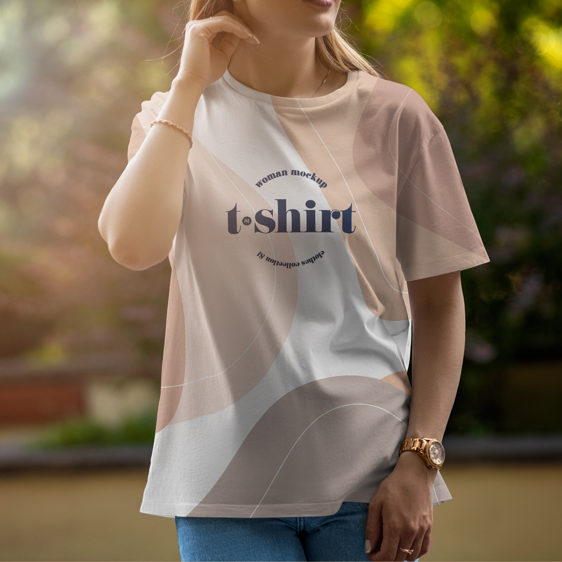 5 Mockups T-Shirt on a Girl Walking in the Park