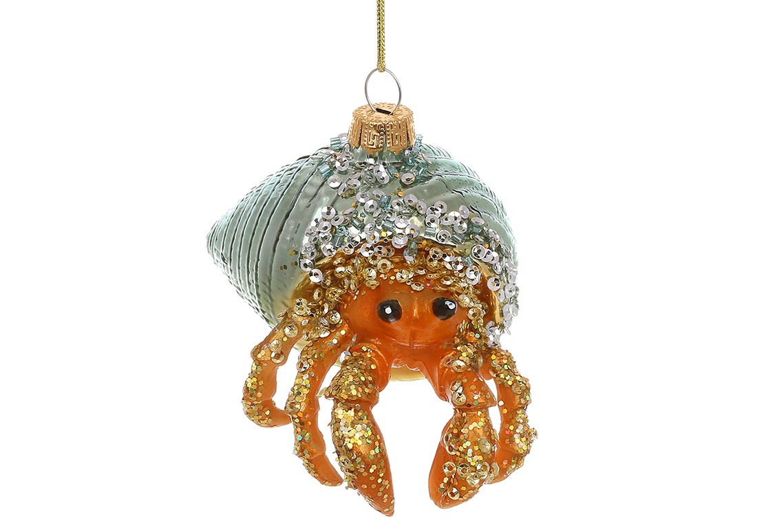 Ялинкова прикраса зі скла Рак самітник в ракушціі з бісером та паєтками 10см NY29-492