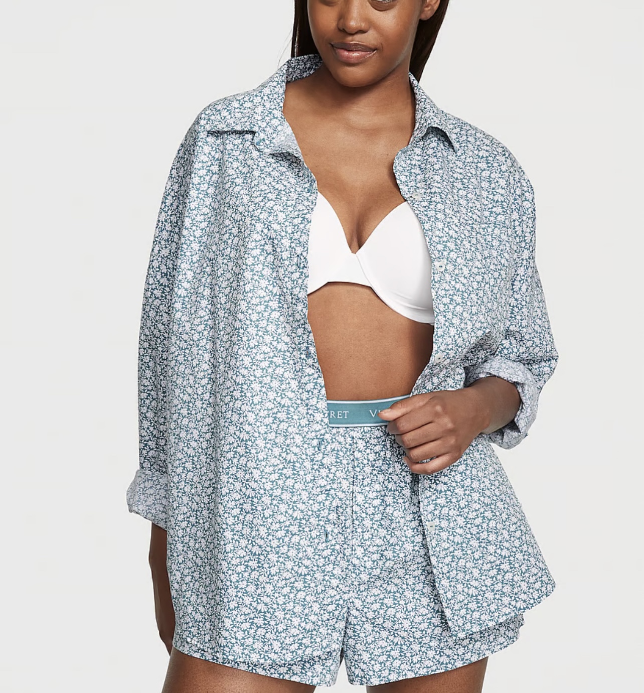 Піжама Cotton Long-Sleeve Shirt & Shorts Set Green Floral
