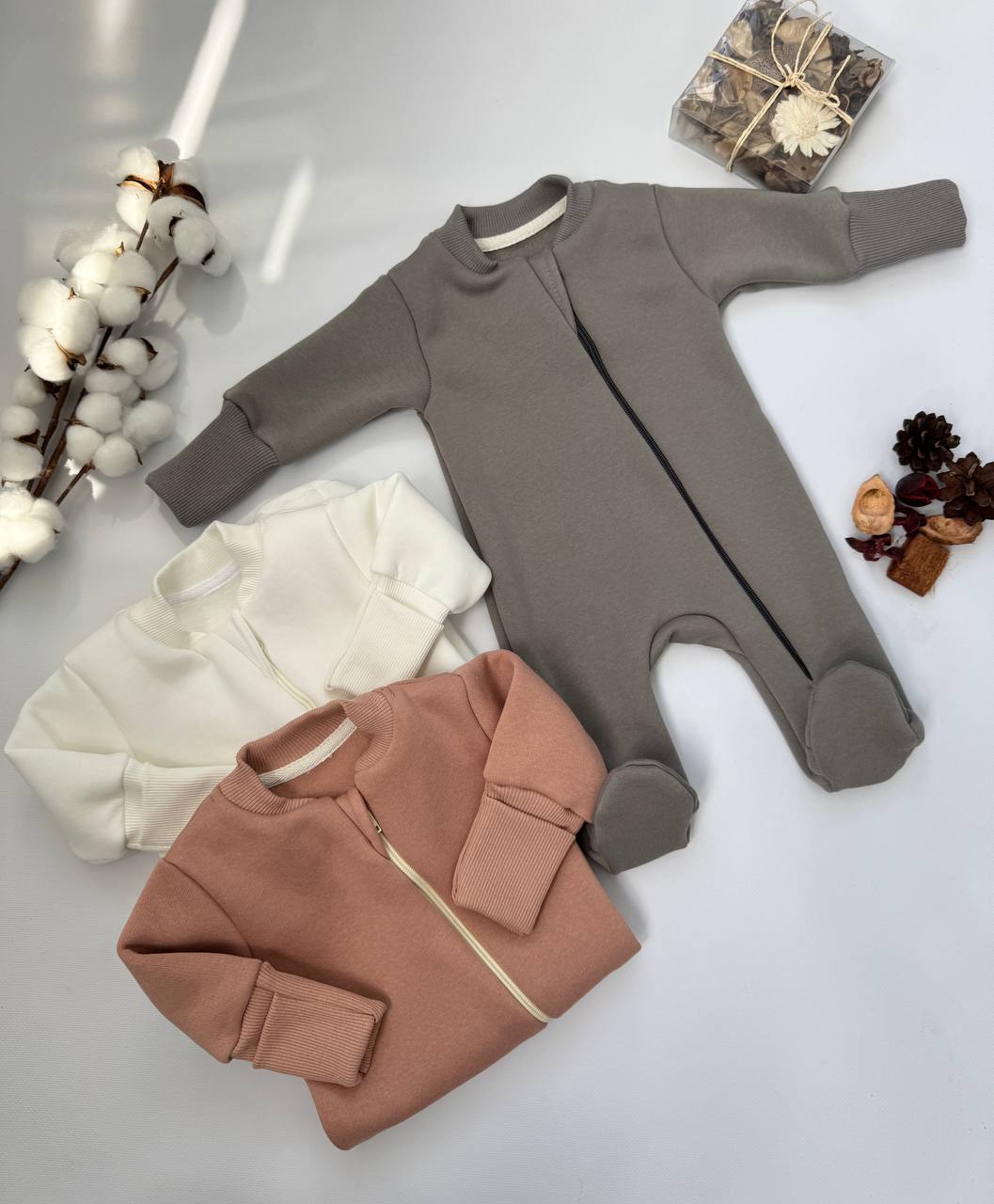 Теплий комбінезон дитячий ромпер для новонароджених на блискавці без капюшона закриття ніжки