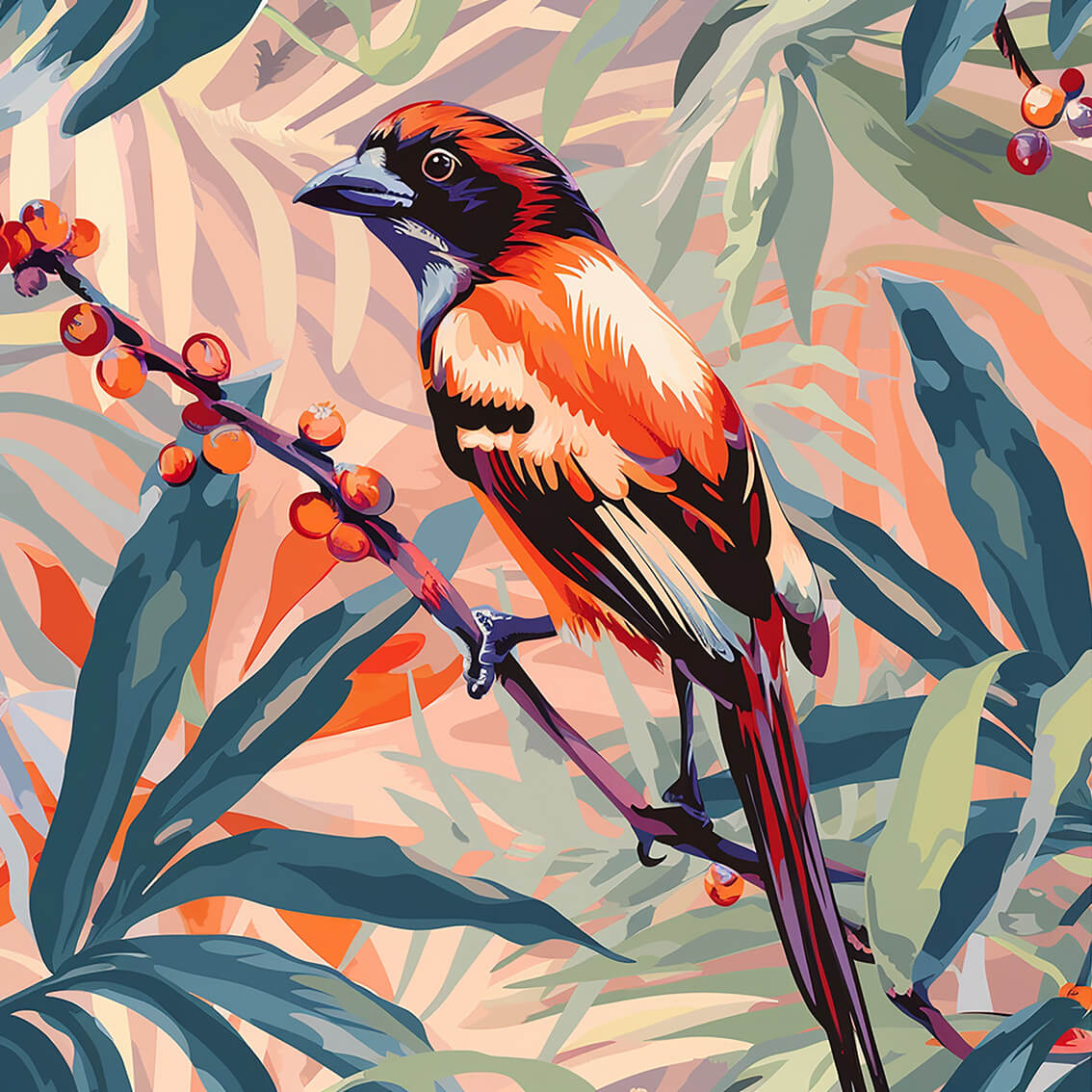 Tropical bird II, 60x60 cm, original acrylic painting on canvas