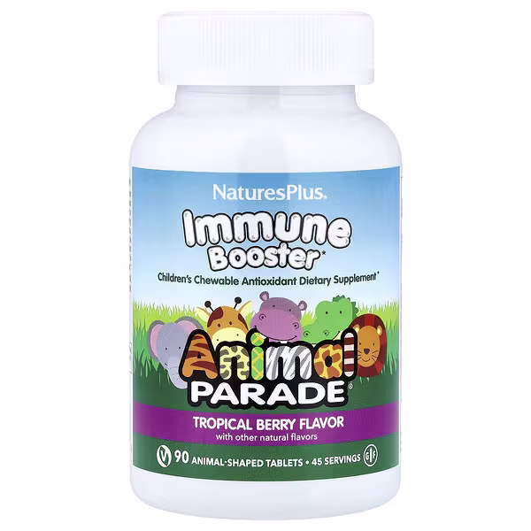 NaturesPlus, Animal Parade, Kids' Immune Booster, Tropical Berry, 90 Animal-Shaped Tablets