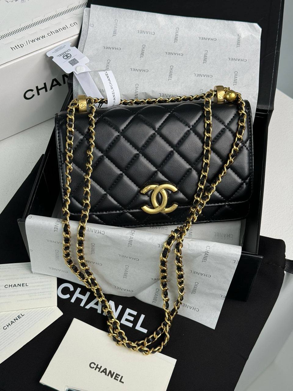 Chanel Calfskin Quilted Perfect Fit Wallet On Chain Black/Gold