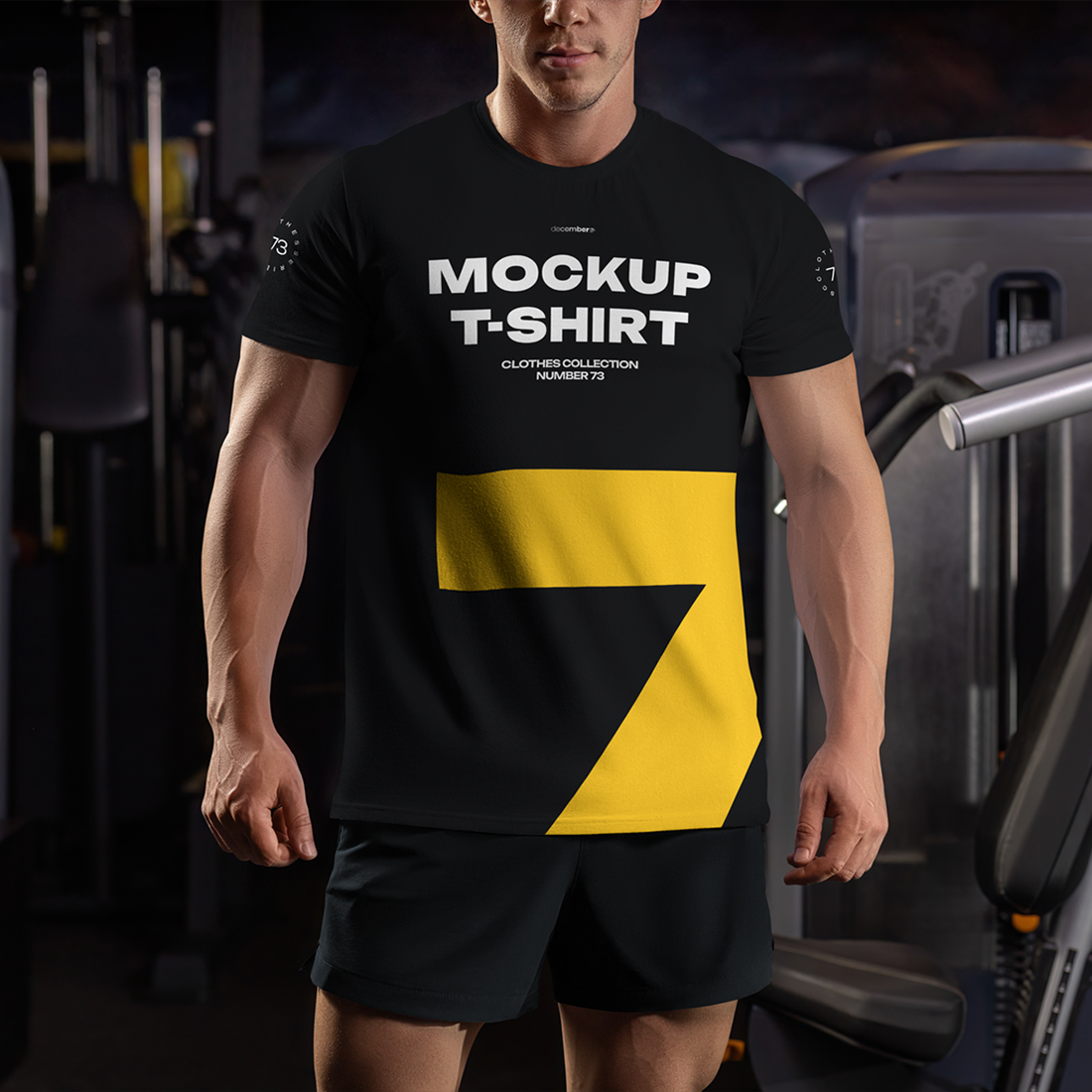 6 Mockups of the Men's T-shirt on the Bodybuilder in the Gym. T-shirt with a Round Neck.