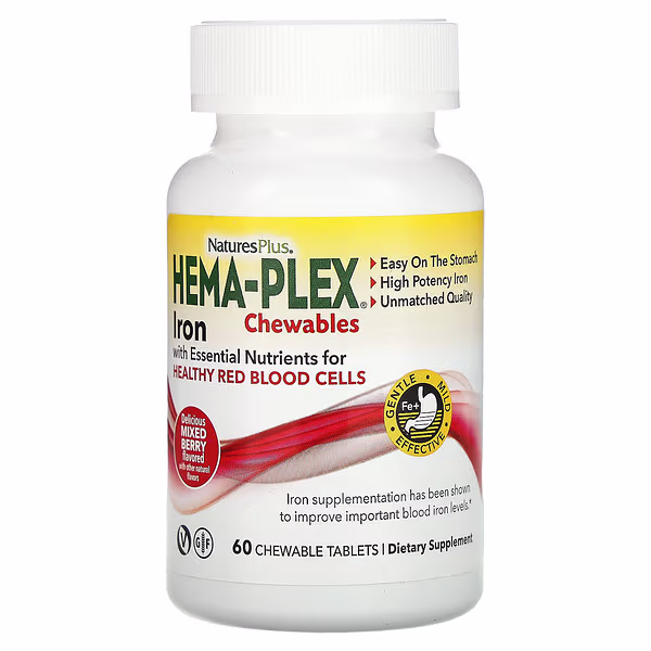 NaturesPlus, Hema-Plex Iron Chewables, Mixed Berry, 60 Chewable Tablets