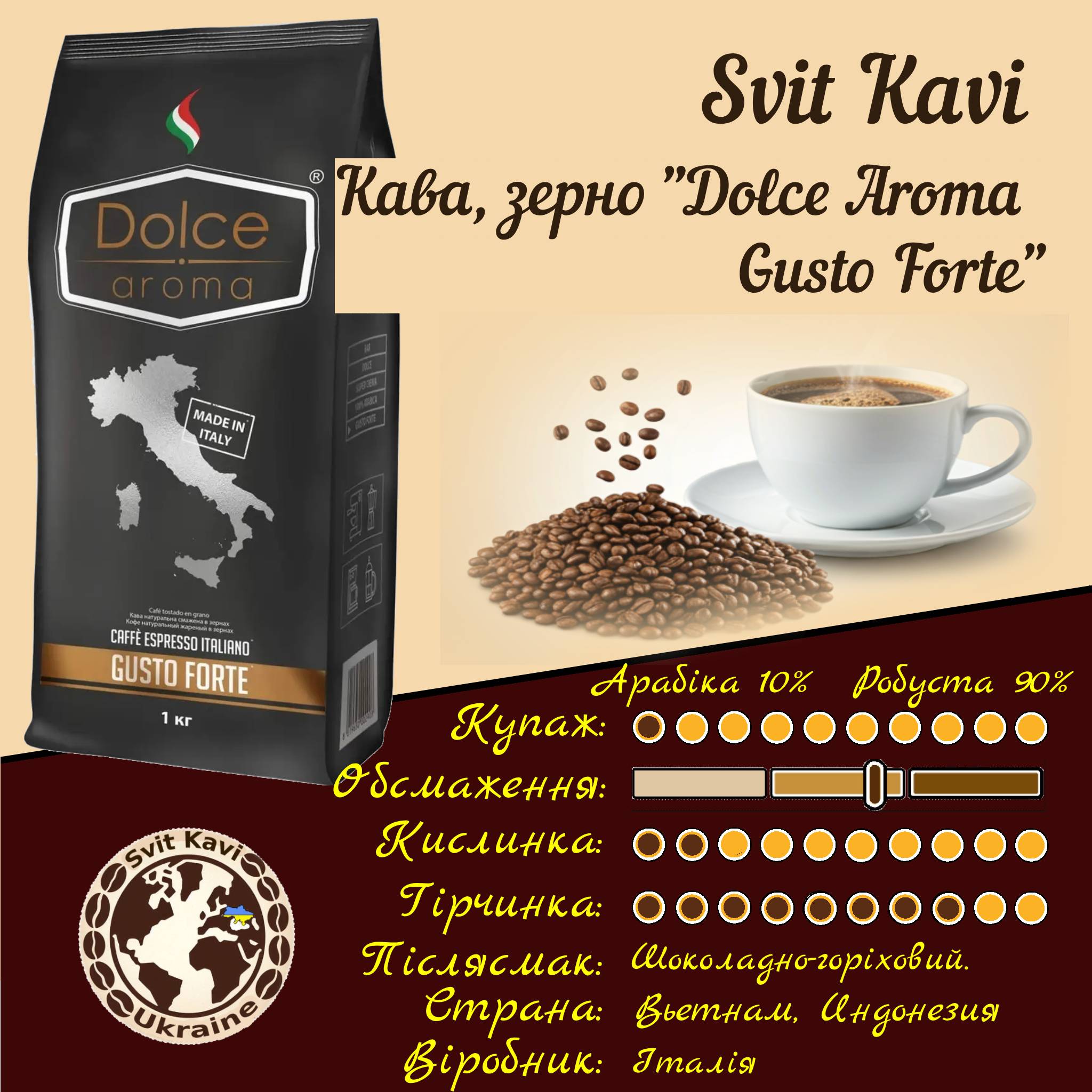 Кава в зернах DOLCE AROMA  Gusto Forte, 1кг, 10/90, Италія