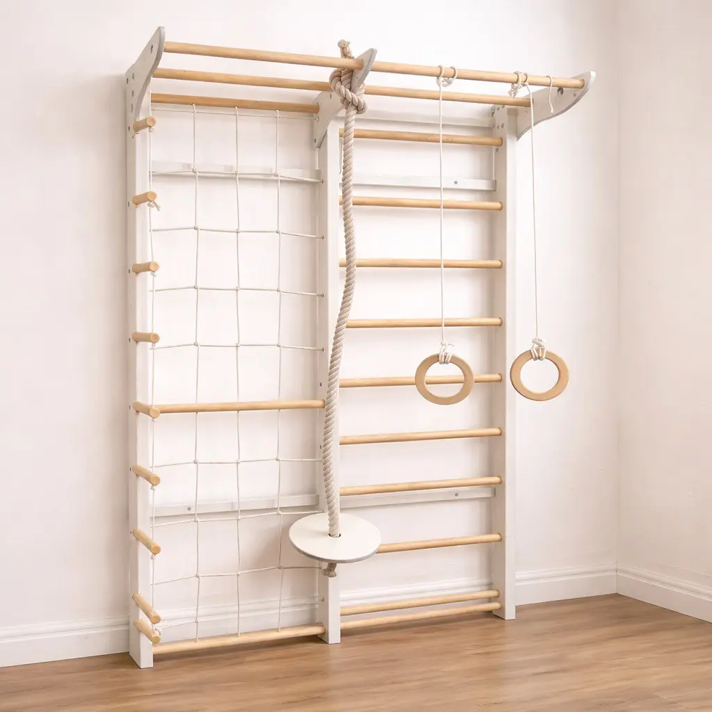 Ben – Weiß Natur Kletterwand & Indoor Kletterset mit Netz, Ringen & Leiter