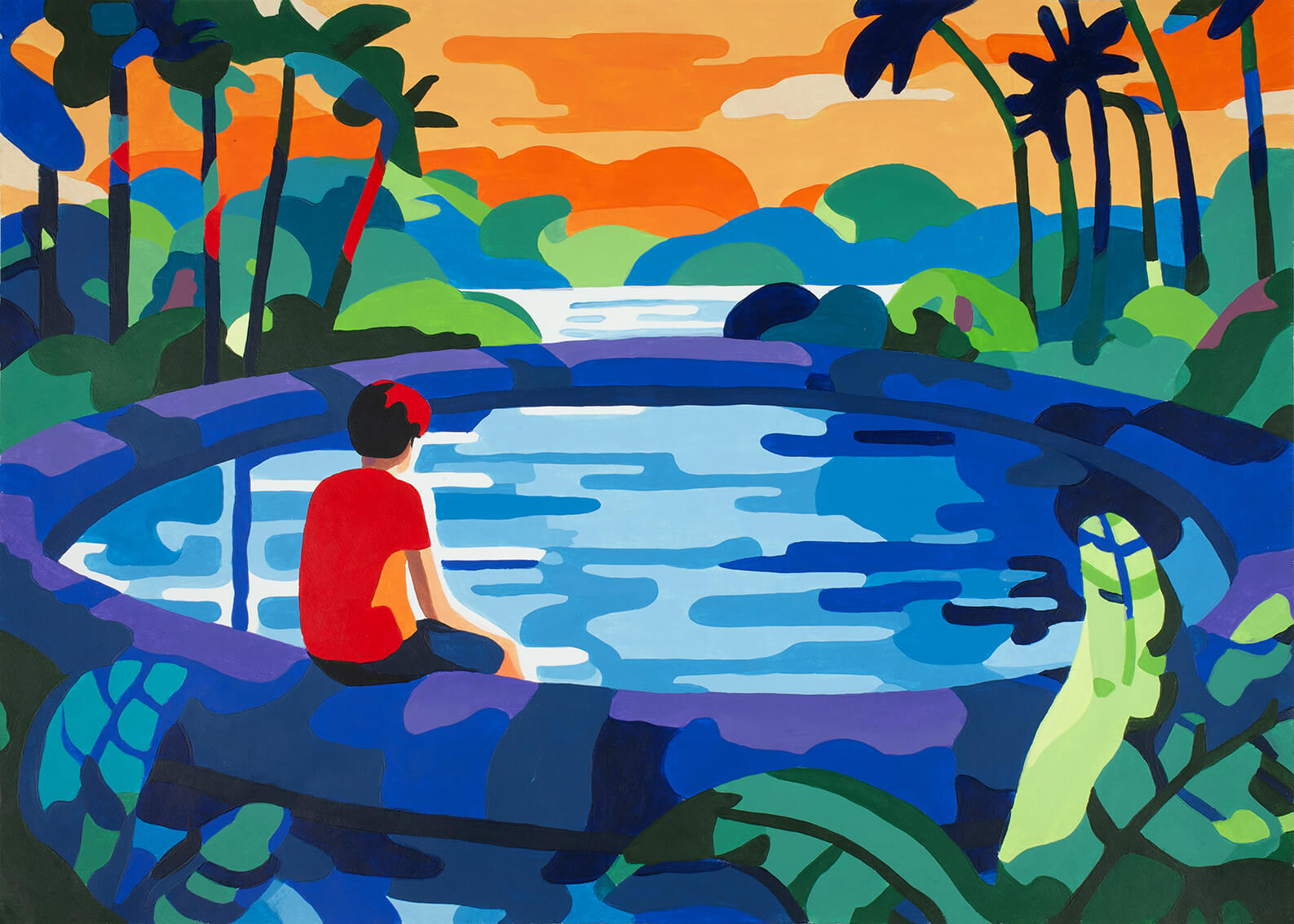 Evening pool, 30x42 cm original acrylic painting on paper