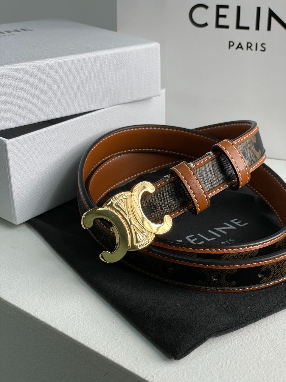 Celine Medium Triomphe Belt In Triomphe Canvas And Calfskin Tan