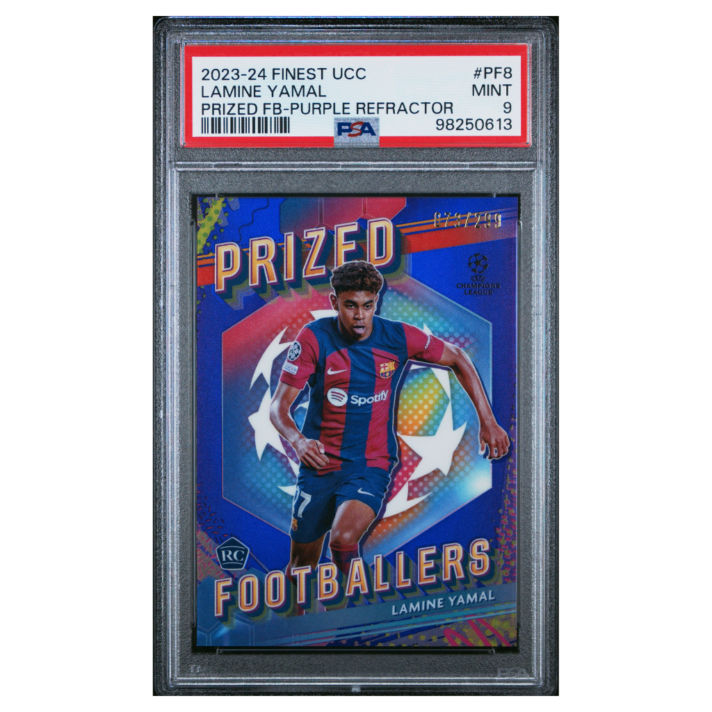 2023-24 TOPPS FINEST UEFA CLUB COMPETITIONS PRIZED FOOTBALLERS #PF8 LAMINE YAMAL PRIZED FB-PURPLE REFRACTOR