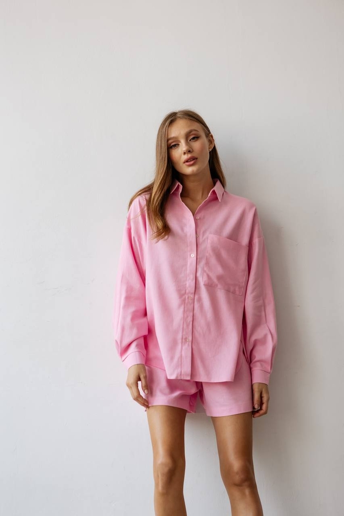 Літній лляний костюм сорочка оверсайз з довгим рукавом + шорти - Рожевий IWOMAN-copy-2