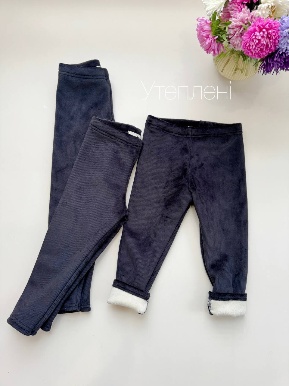 Утеплені лосіни вельвет на хутрі у чорному кольорі